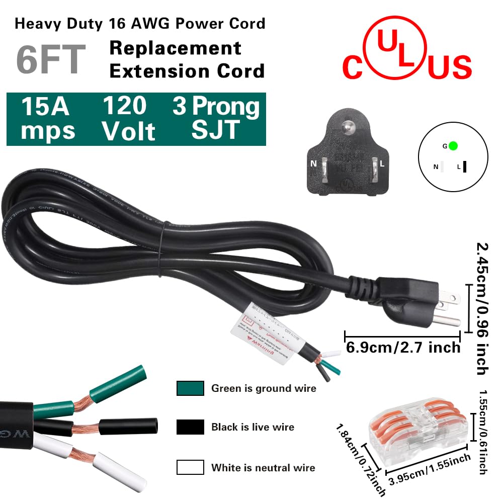 Asjeumt 6 ft 3 Prong Power Cord Replacement, 16 AWG Appliance Power Cord, 110V 120 Volt AC 16/3 Wire SJT 16 Gauge Plug Pigtail Cable, Repairing Replace Tool Dryer Dishwasher Electrical Cord - Black