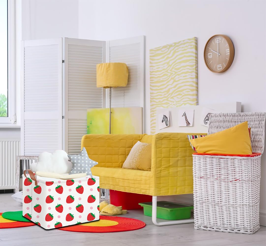 NTAOHAMPER Rectangular Storage Basket Empty, Storage Bin with Handles, Room Decor, Gift Basket, Book Box(Strawberry)