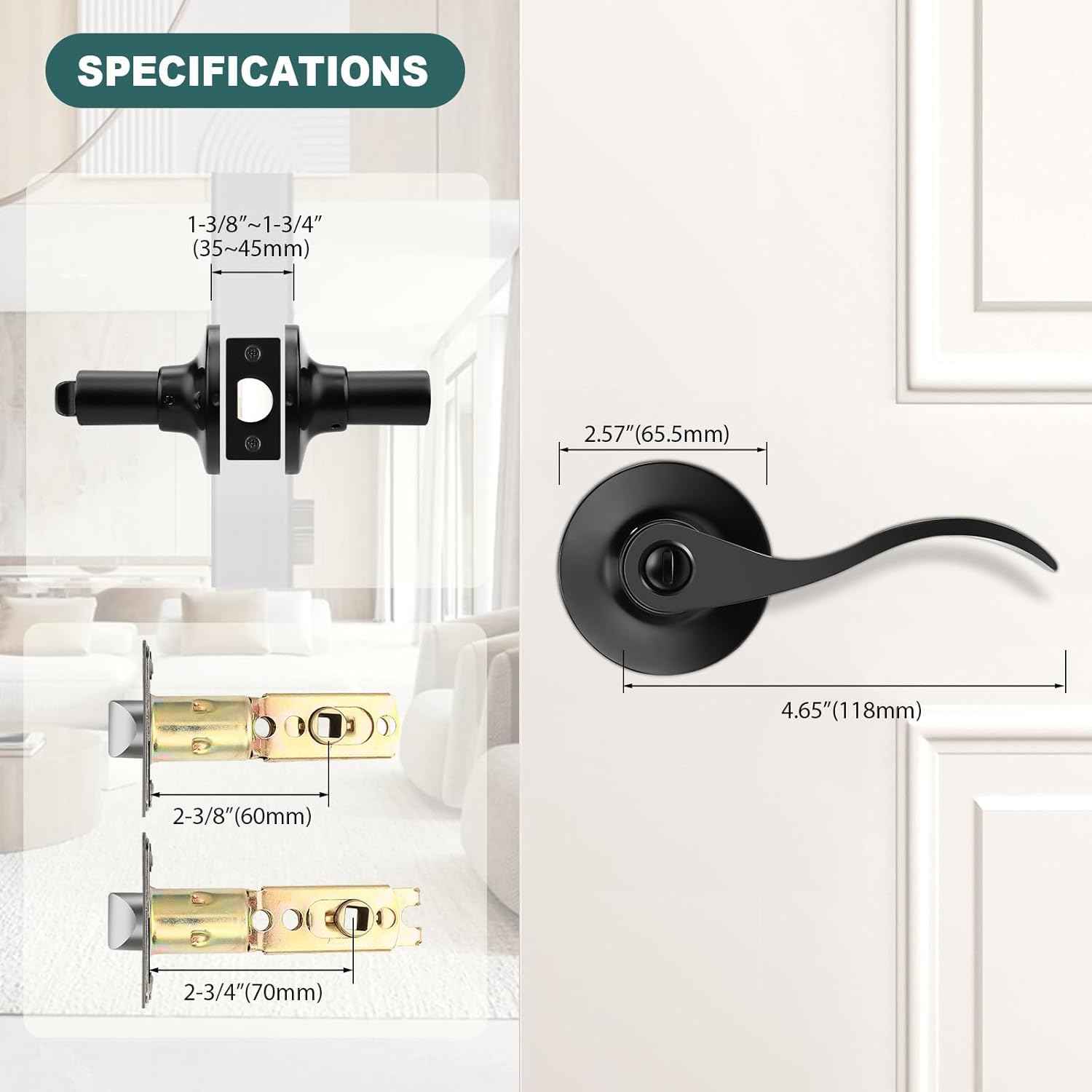 Black Privacy Door Levers - 6 Pack Keyless Modern Wave Handles for Bedrooms