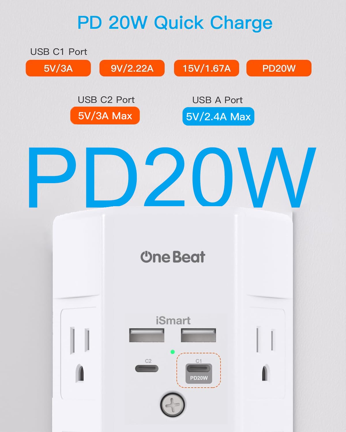 Multi Plug Outlet, Surge Protector, 5 Outlet Extender with 4 USB Ports (2 USB-C), PD 20W Wall Charger, 3-Sided 1800J Power Strip Outlets Splitter Wall Plug Adapter Spaced for Home Office, White
