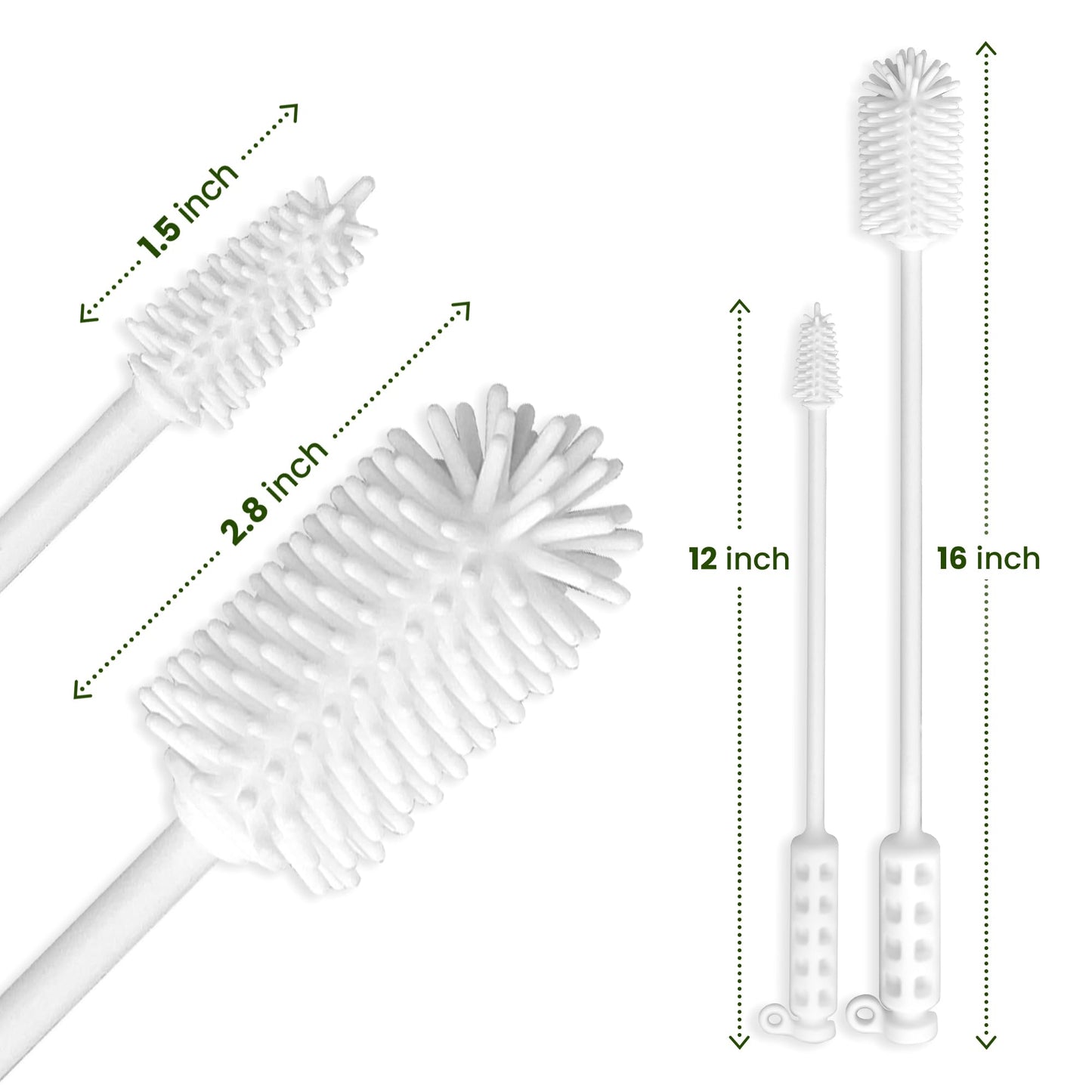 purifyou 16in & 12in Platinum Silicone Water Bottle Cleaner Brush Set with Cap Brushes, for Bottles, Tumblers, Drinking Glasses, Narrow Neck Containers, Dishwasher Safe, Durable (Set of 2, White)