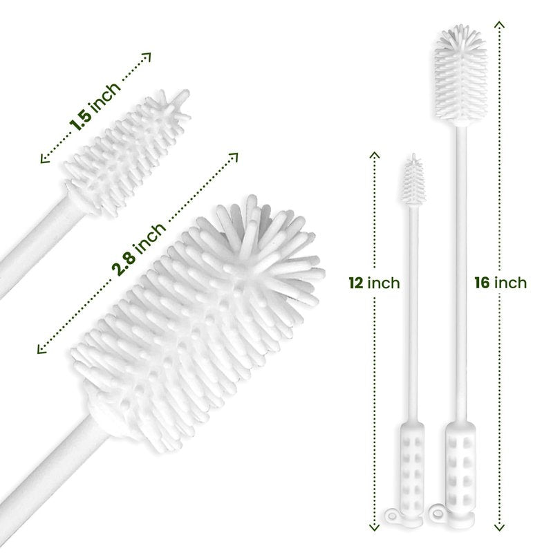 purifyou 16in & 12in Platinum Silicone Water Bottle Cleaner Brush Set with Cap Brushes, for Bottles, Tumblers, Drinking Glasses, Narrow Neck Containers, Dishwasher Safe, Durable (Set of 2, White)