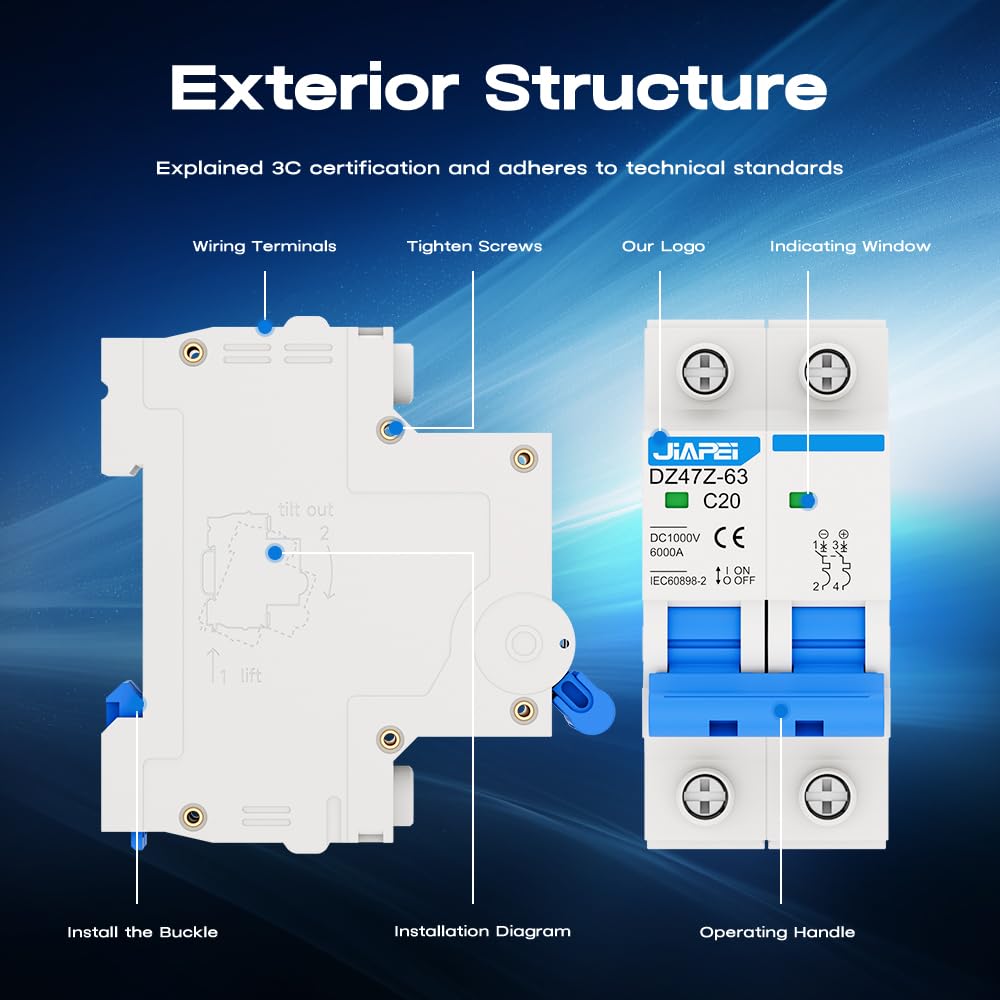 DC Miniature Circuit Breaker, 1000V 2 Pole 20 Amp Isolator for Solar PV System, Thermal Magnetic Trip DIN Rail Mount, C20 DC Disconnect Switch