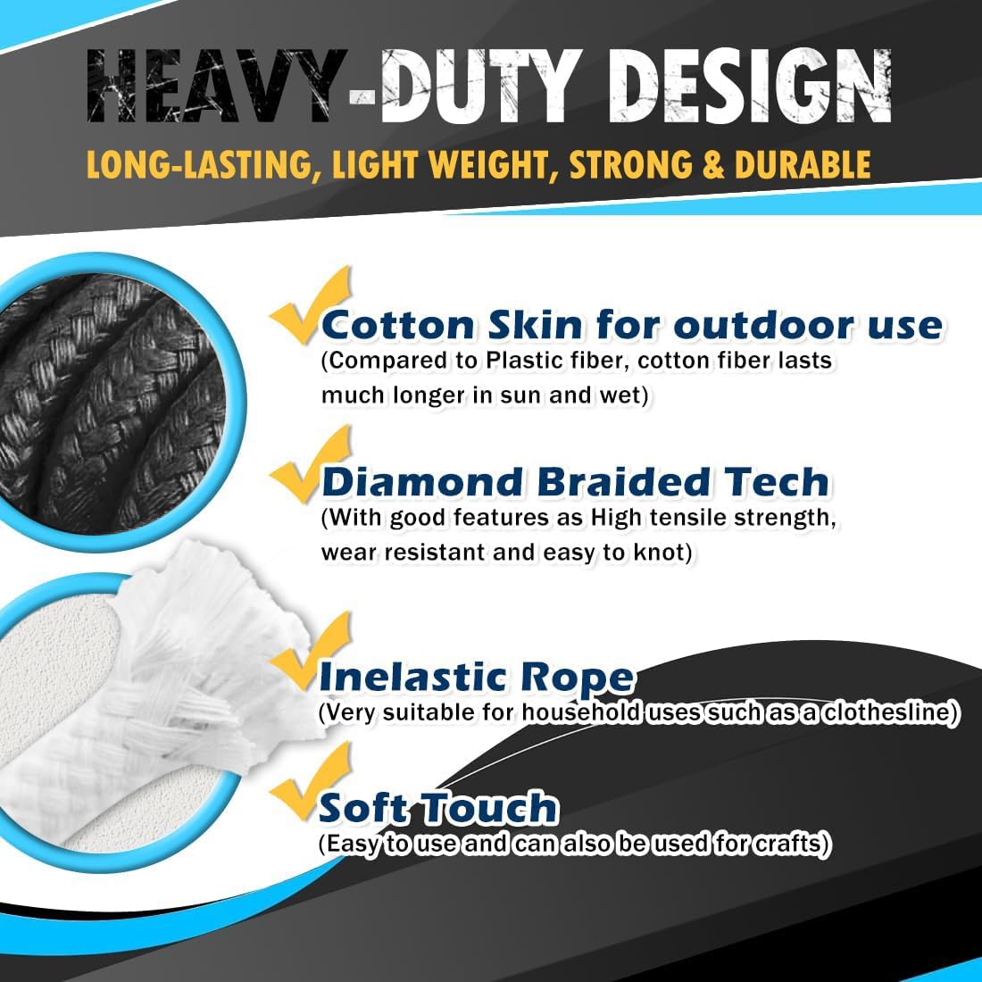 PerkHomy 200 Feet Cotton Rope 3/16" (5mm) Multi Purpose Utility Diamond Braided Cord, Natural Cotton for Clothes Line Camping Crafting Flag Pole, Black