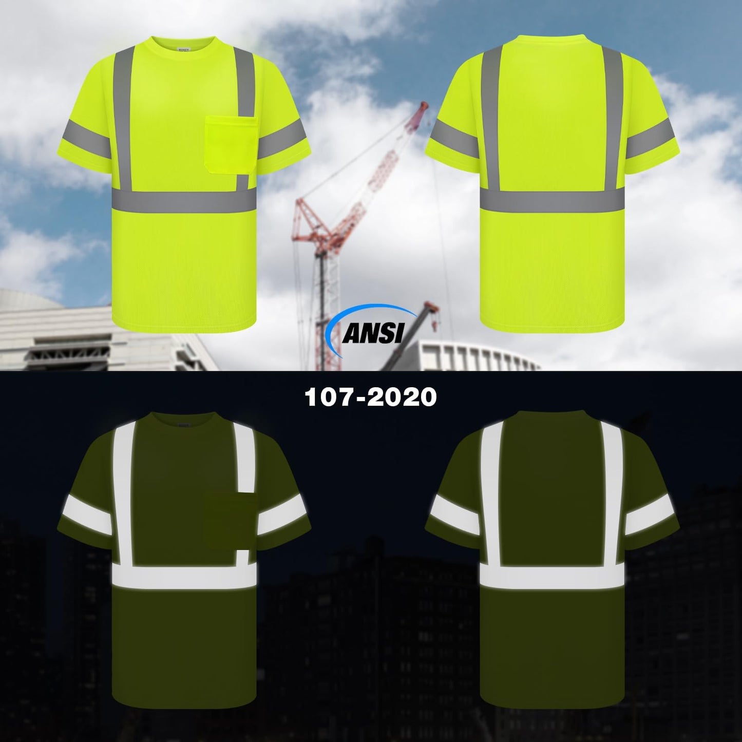 TCCFCCT Hi Vis Shirts for Men Class 3 High Visibility Shirt with Short Sleeves, Reflective Safety Shirts for Men, Construction Work Shirts with Reflective Strips, Durable &Breathable, DC-Yellow XL
