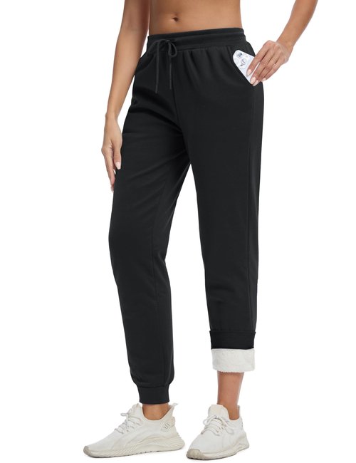 MAGCOMSEN Sherpa Lined Sweatpants Women Winter Thermal Fleece Joggers Warm Cotton Athletic Pants with Pockets Black M