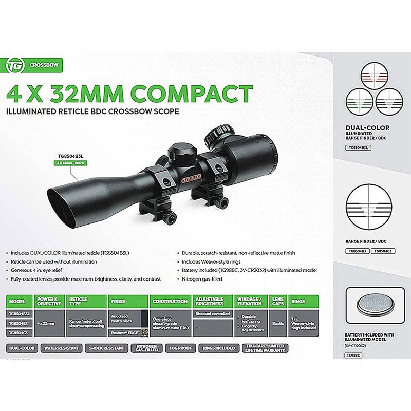 TRUGLO 4x32mm Compact Crossbow Scope with Scope Rings Included| Illuminated BDC/Rangefinder, Black