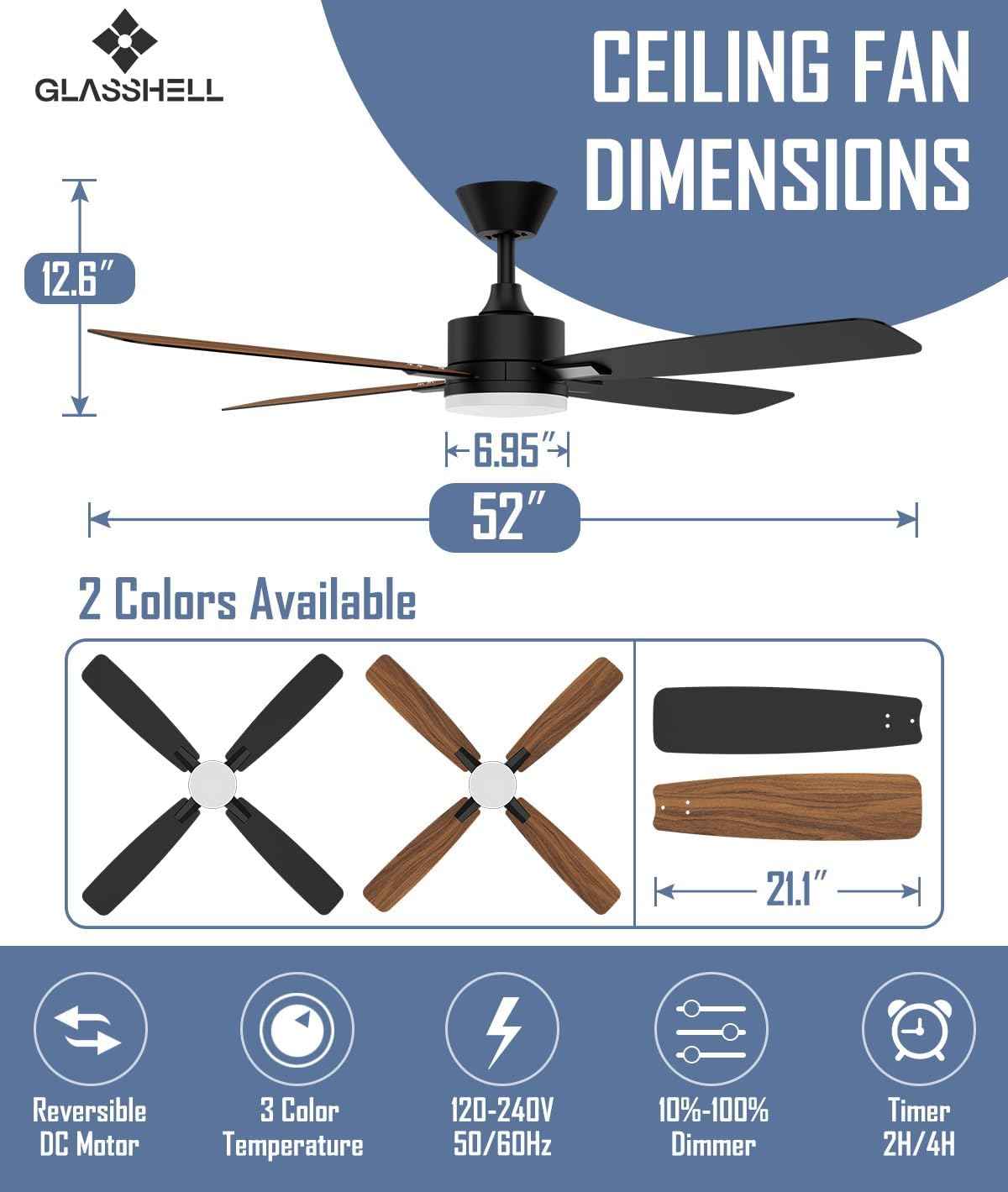 52-Inch Ceiling Fan with Remote Control & Dimmable Light - Noiseless DC Motor for Indoor/Outdoor Use
