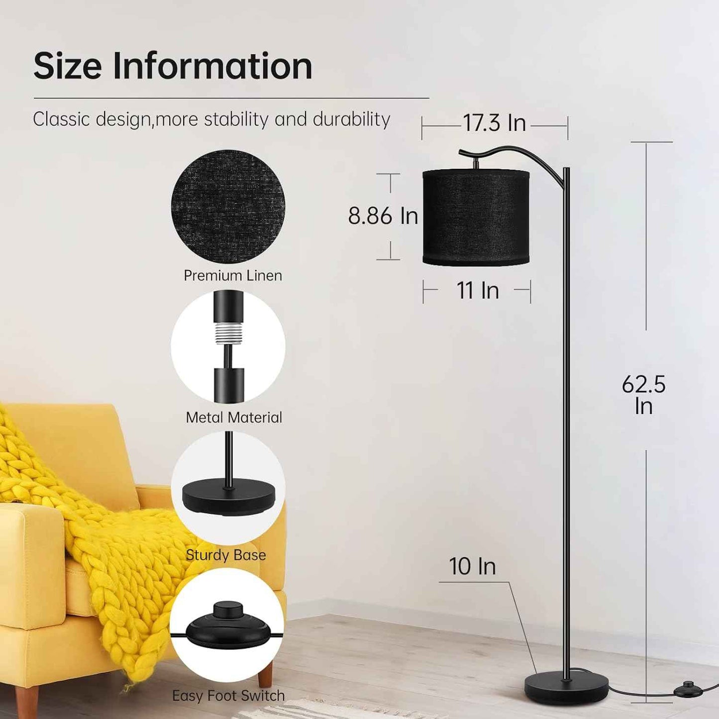 Modern LED Floor Lamp with Bohemian Linen Shade – Arched Tall Standing Light for Living Room & Bedroom