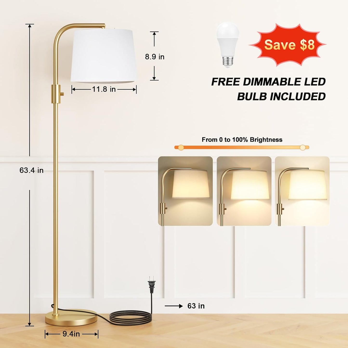 Modern Dimmable Floor Lamp with 9W LED Bulbs - Stylish Standing Light for Living Room & Bedroom (Gold & White)