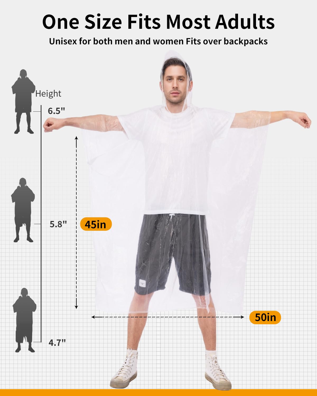 Disposable Rain Ponchos - Extra Long Waterproof Emergency Poncho with Hood for Adults, Bulk Family 6 Pack Raincoat for Park, Concerts, Hiking, Camping Essentials, Home Emergency Survival Kits, Clear