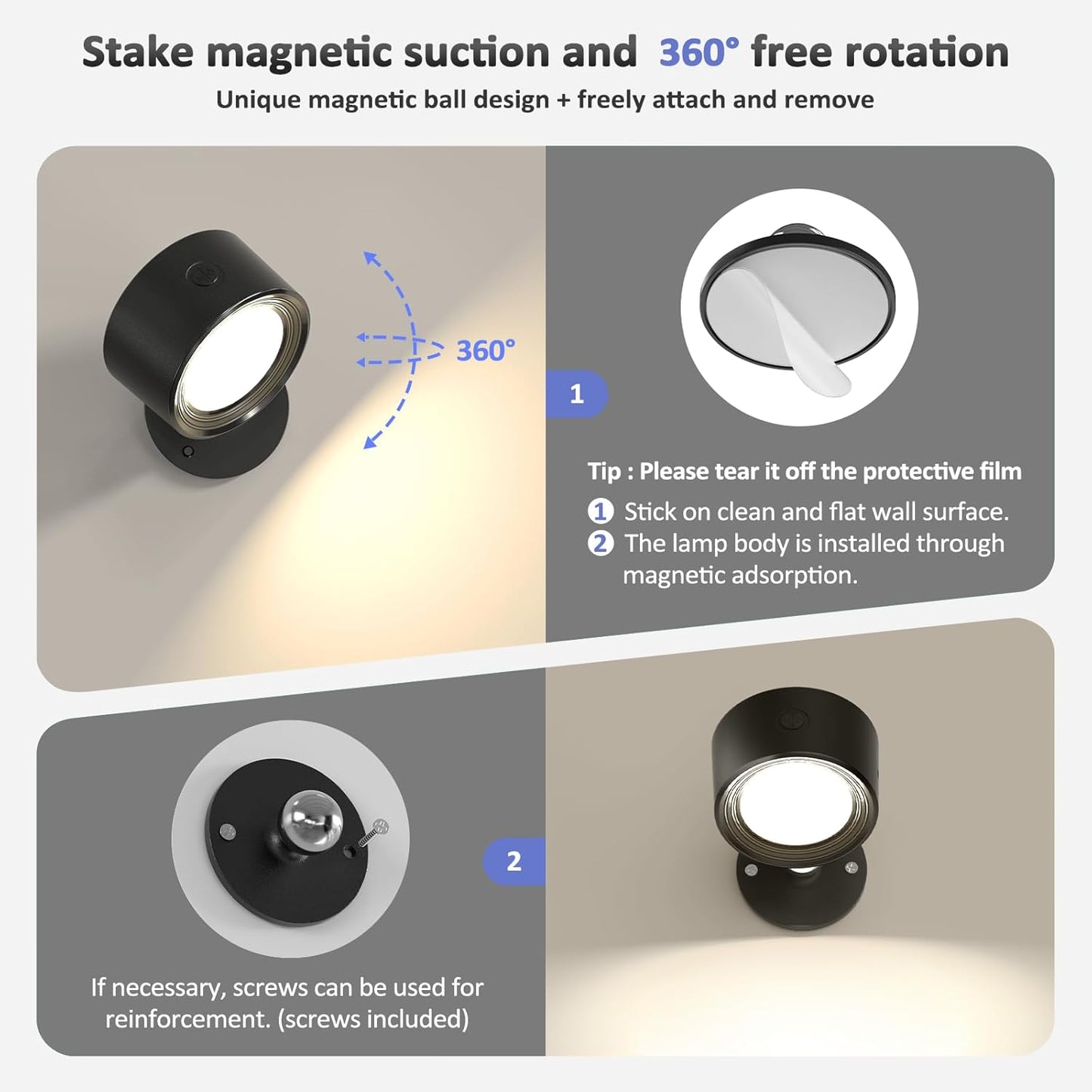 Rechargeable LED Wall Mounted Lights - 3 Pack with Remote, Dimmable & 360° Rotation for Bedroom