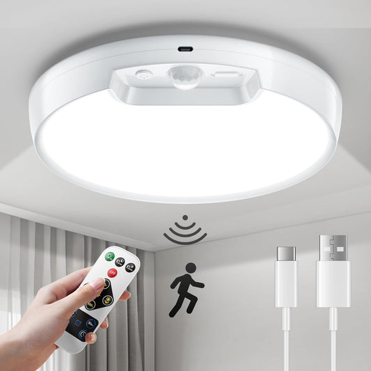 Rechargeable Motion Sensor Ceiling Light 2-Pack with Remote - Battery-Powered 6000K Cool White for Closet, Hallway, Shed & Stairs