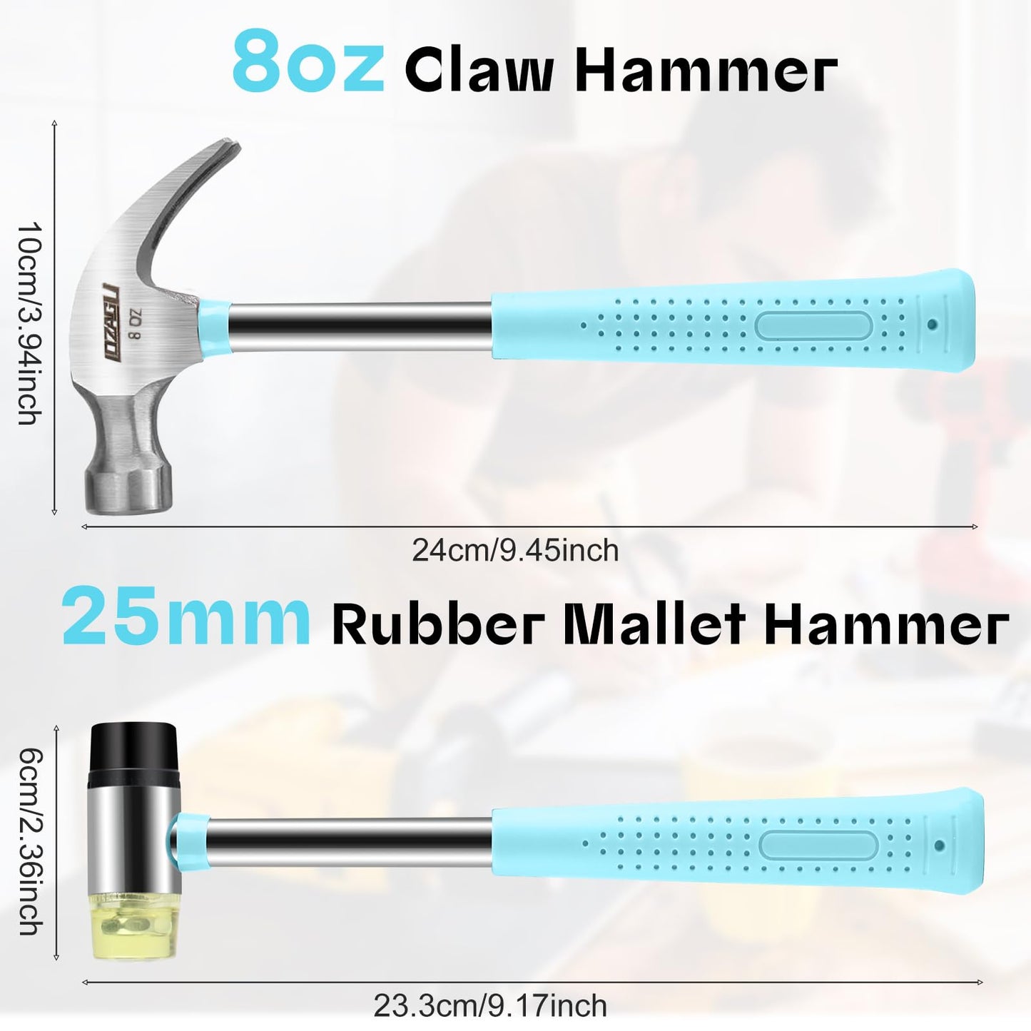 LOZAGU 8oz Hammer, 2-Piece Small Claw Hammer & Rubber Mallet Hammer Mini Hammer Set