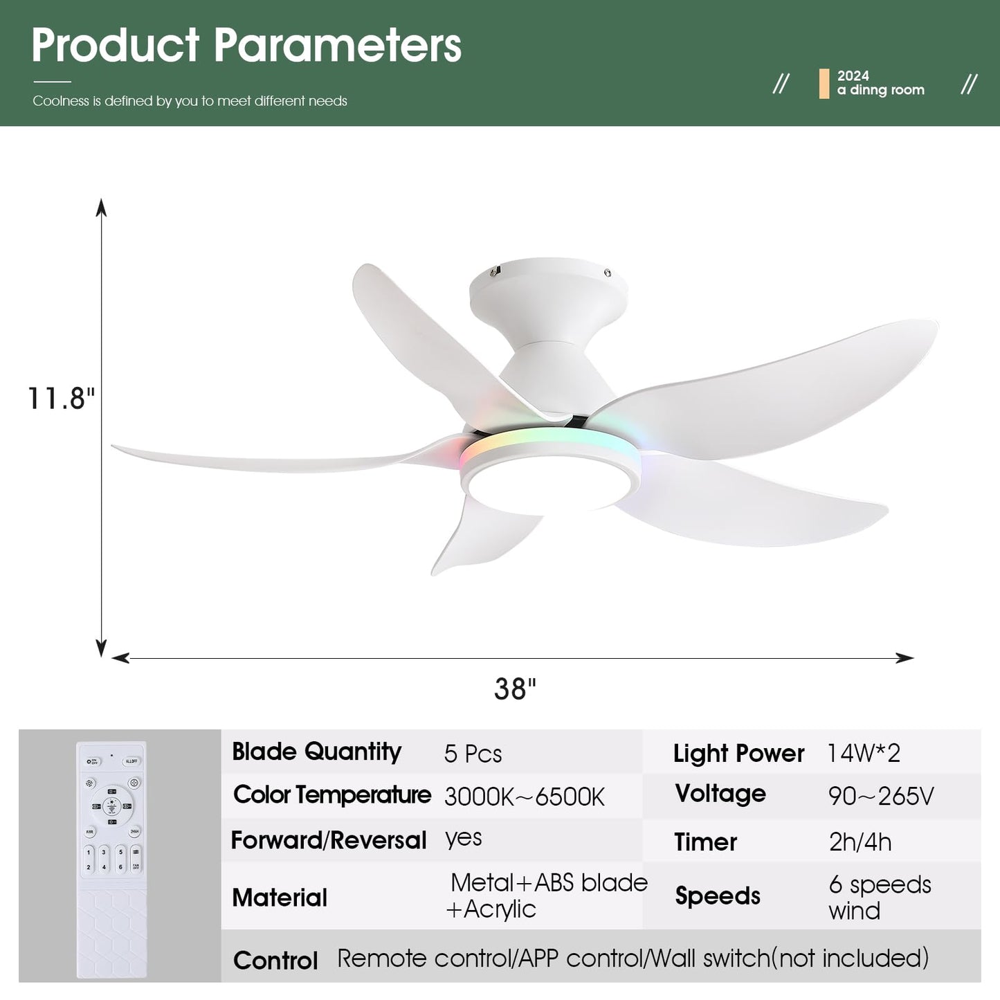 Kviflon Ceiling Fans with Lights Remote/APP Control, 38" Low Profile Ceiling Fans with Dimmable White Colors+Ring RGB Lights, 6 Speeds 5 Reversible Blades for Kids Room Bedroom Living Room, White