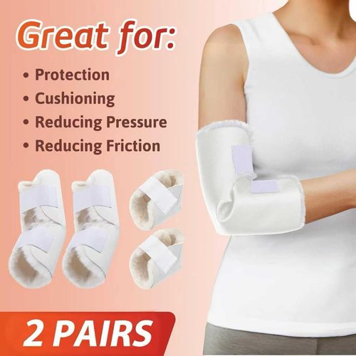 TrelaCo 4 Pcs Heel and Elbow Protector Medium Sheepskin Heel Arm Cushions Pads Adjustable Elbow Protectors for Elderly Pressure Sore Bed Ulcers Pain Relief