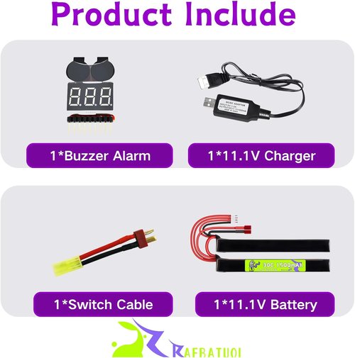 6018136 11.1V 1500mAh 30C T Plug Nunchuck Split Battery - Airsoft Toy Gun Charger & Mini Tamiya Cable