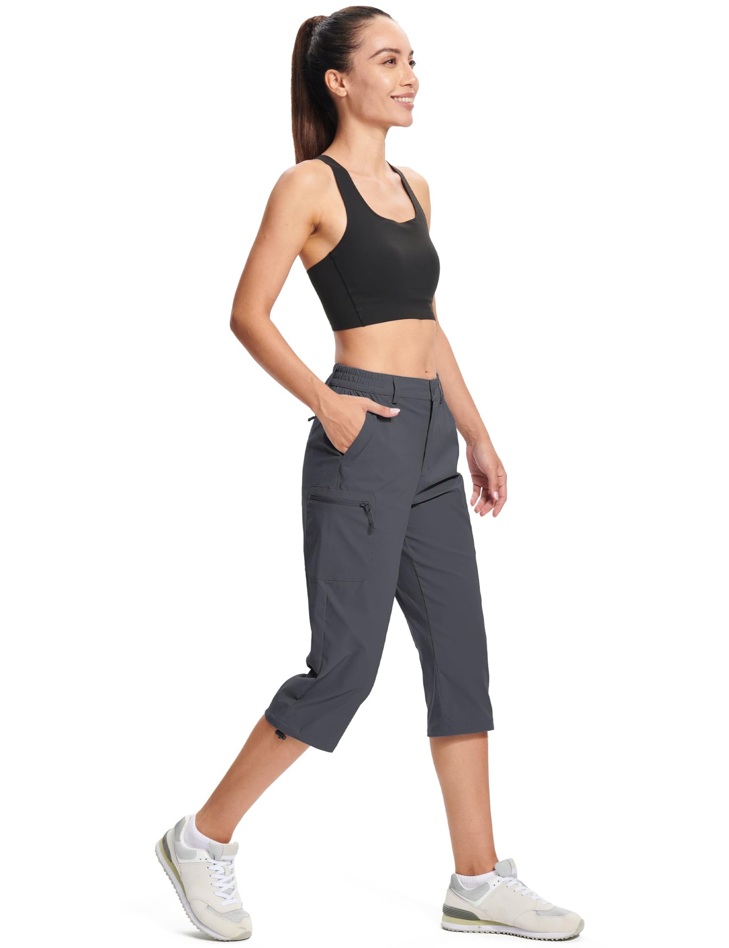 MAGCOMSEN Women's Cargo Capri Hiking Pants with Pockets Comfy Breathable Water Resistant Joggers, Dark Grey, L