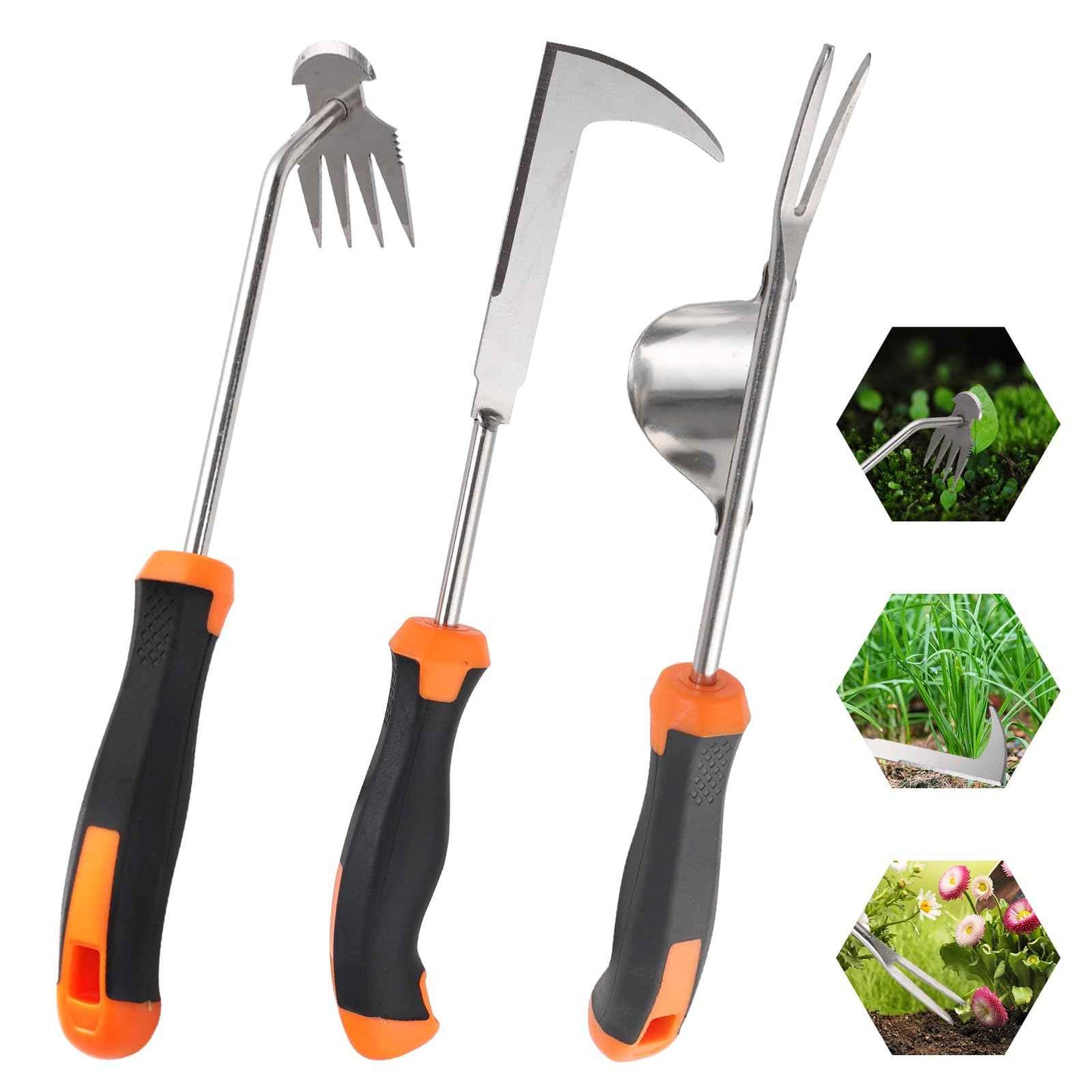 Foyucool Weed Puller Tool, Set of 3, Rubber Handle Weed Remover Tool, Manual Weeder,L-Shaped Weeding Tool, Thickened Stainless Steel Crack Weeder,Planting and Weeding for Garden, Patio, Backyard Farm