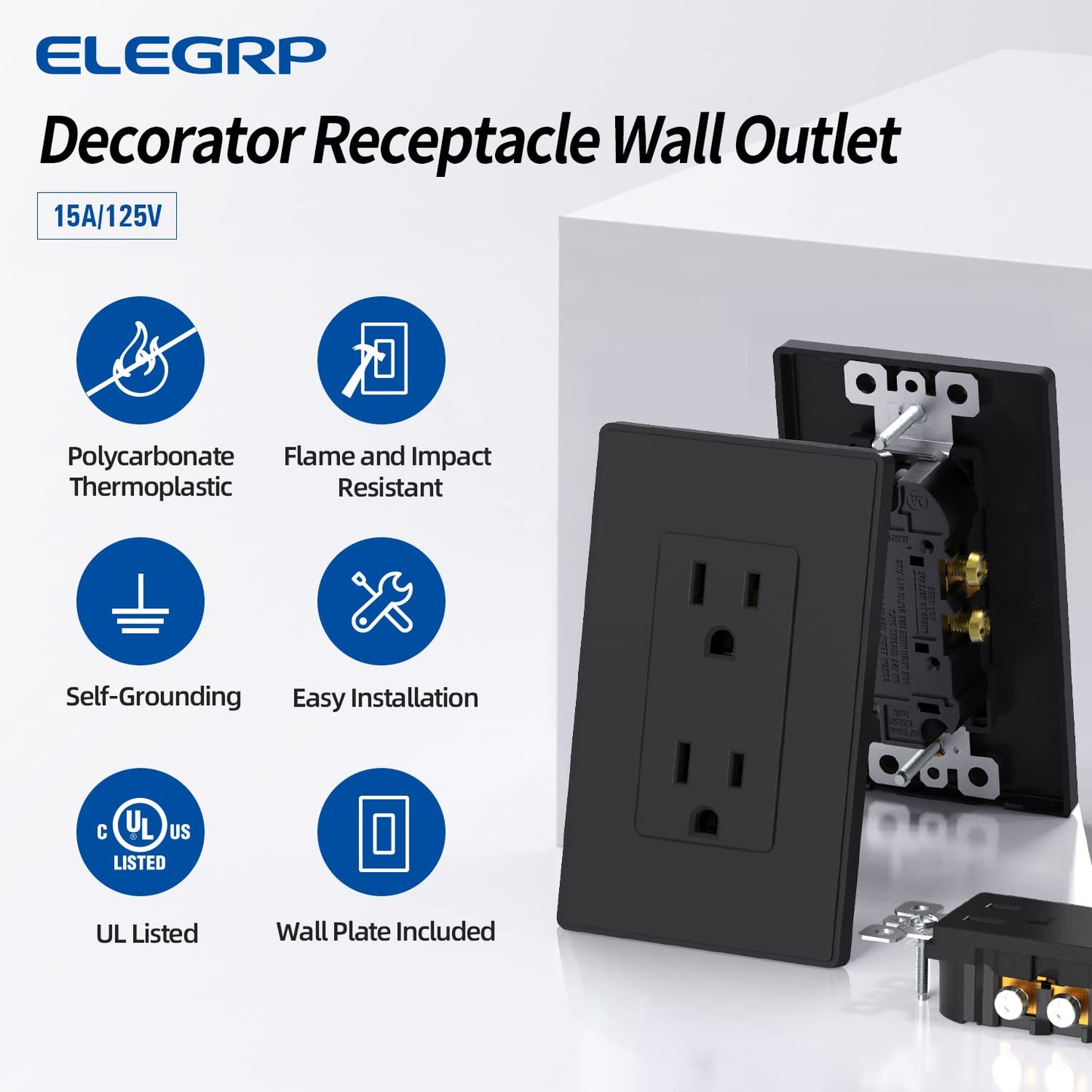 15A Matte Black Electrical Outlet Receptacle - 20 Pack, NEMA 5-15R, UL Listed