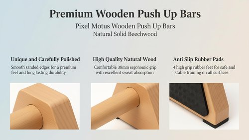 Pixel Motus Wooden Push Up Bars – Solid Beechwood Parallettes with Ergonomic Wrist-Friendly Handles, Non-Slip Rubber Feet, Heavy-Duty Home Workout Bars for Calisthenics, Strength Training & Dips