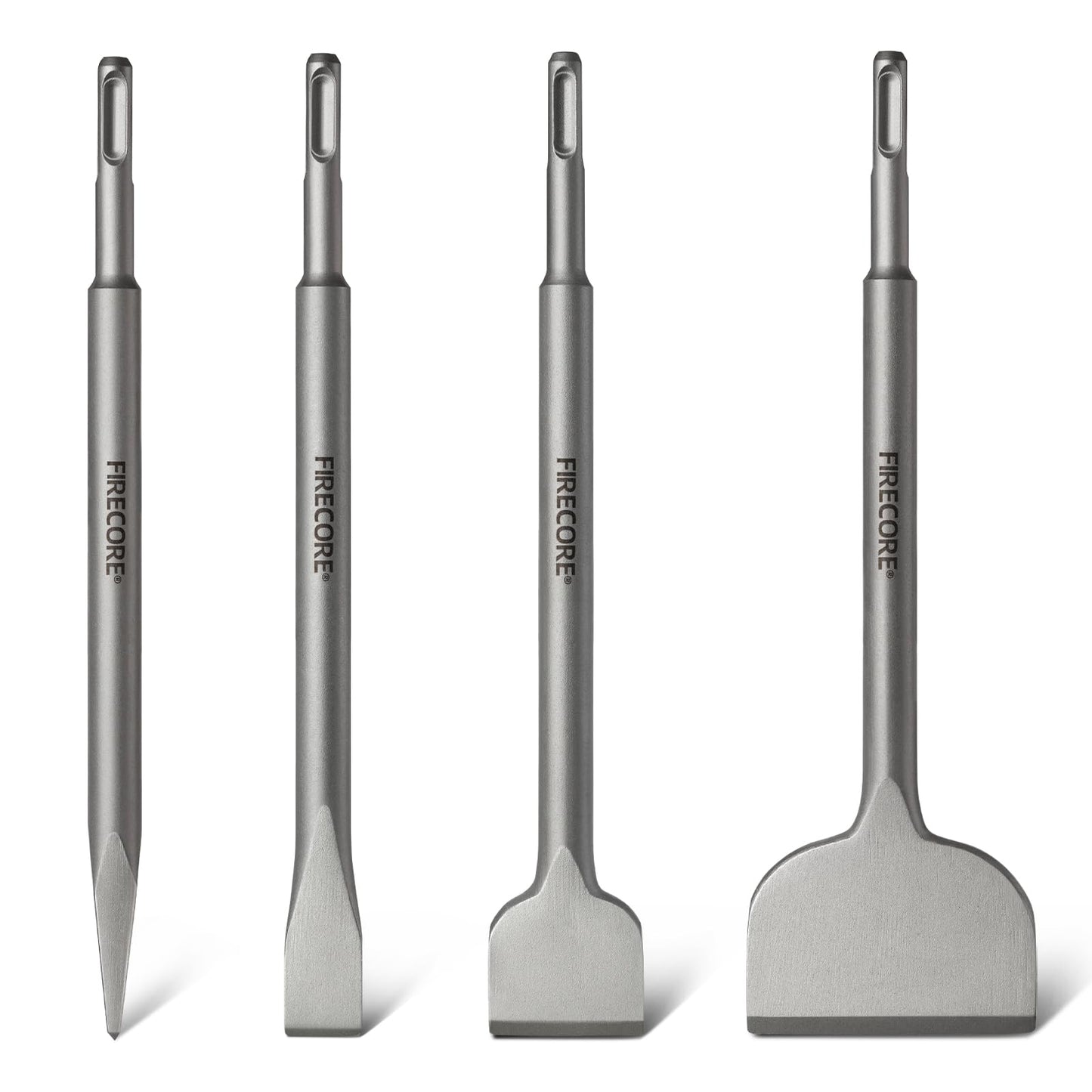 SDS Chisel Set, Firecore 4pcs Tile Removal Chisel Bits for SDS Plus Rotary Hammer Drill Attachments, Alloy Steel Shovel for Demolition Chipping Grooving Scaling Removing Cement Thinset Mortar Vinyl