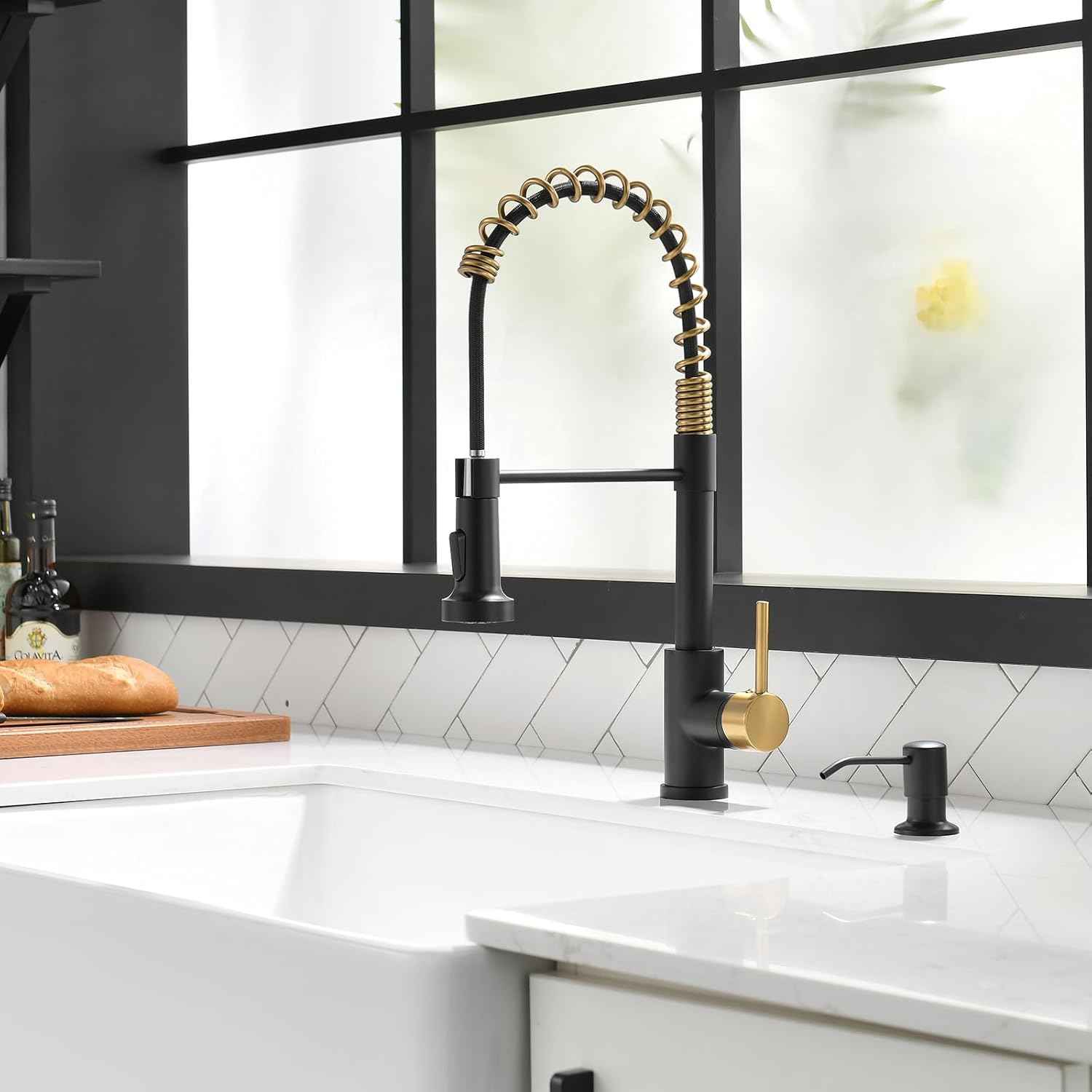 Matte Black Kitchen Faucet with Soap Dispenser - Commercial Single Handle Pull Down Sprayer