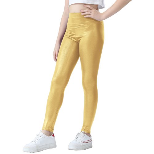 Jinhiteam Girls Metallic Leggings Size 11-12 Years Old High Waisted Dance Pants Kids Stretchy Active Tights