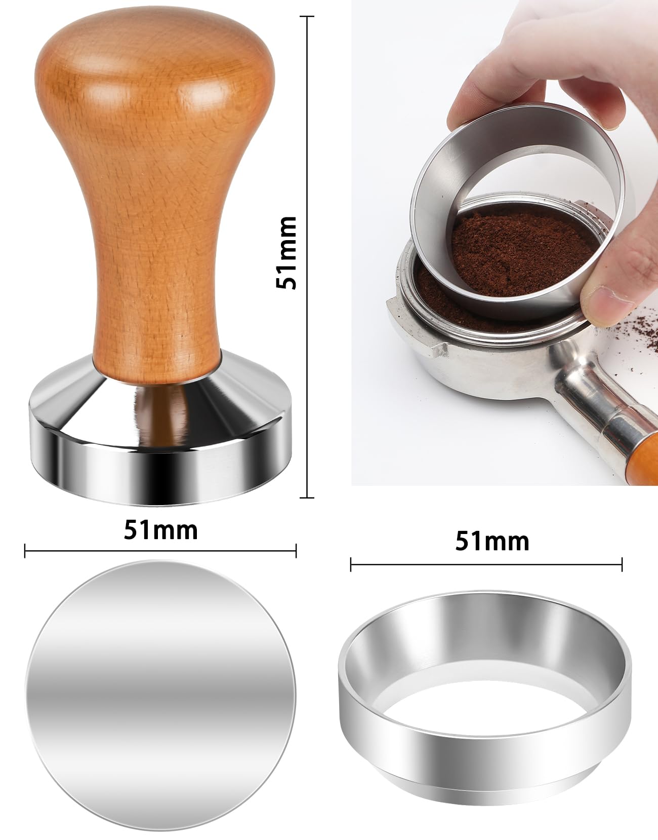 51mm Espresso Tamper-Premium Barista Coffee Tamper Coffee Tamper Classic Series Stainless Steel Espresso Tamper Coffee Press Tool Tamper Espresso Handle Solid Wood 51mm Espresso Dosing Funnel