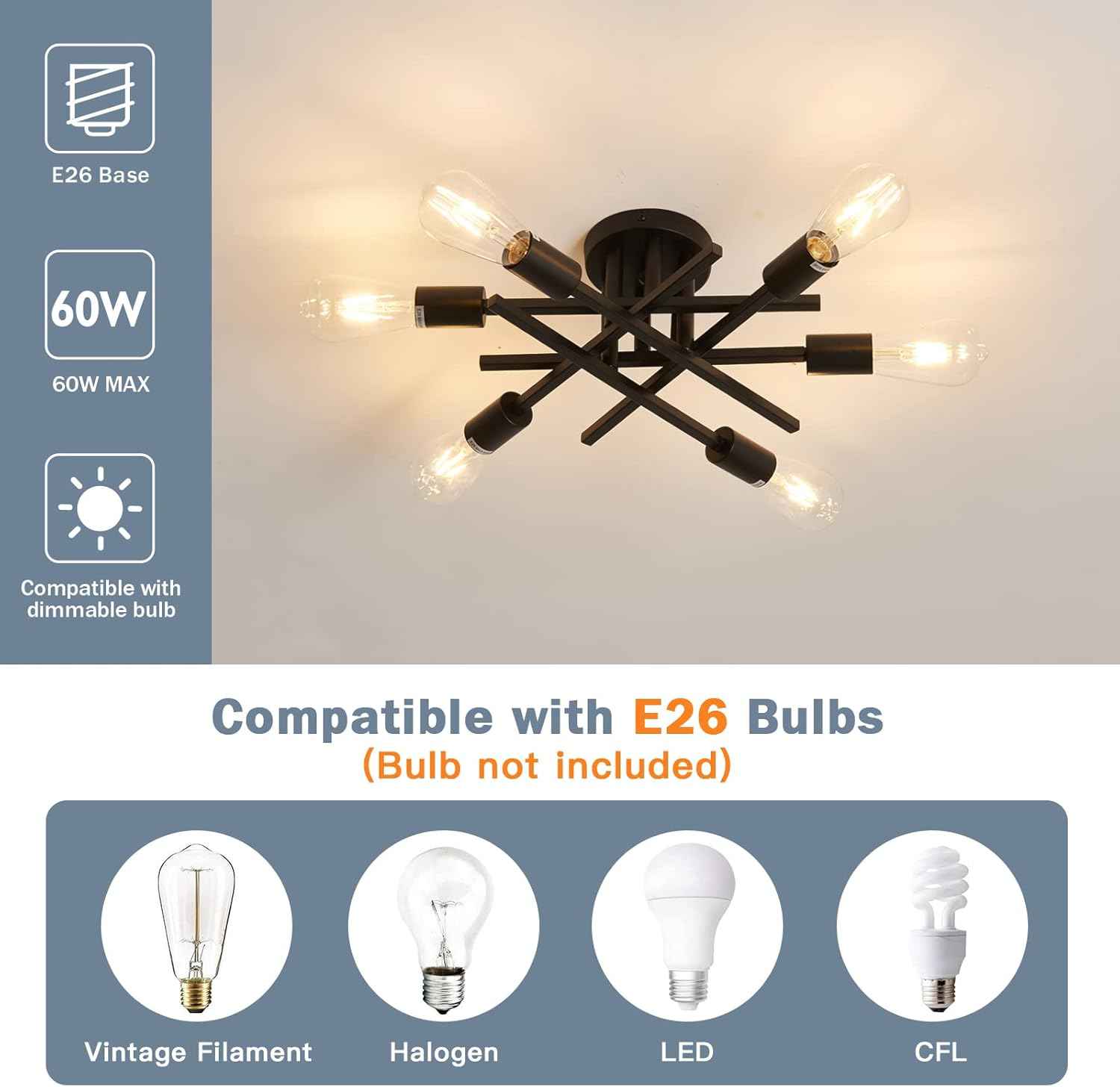 Gold Modern 6-Light Semi Flush Mount Ceiling Light Fixture - Vintage Sputnik Chandelier for Kitchen, Dining & Living Room