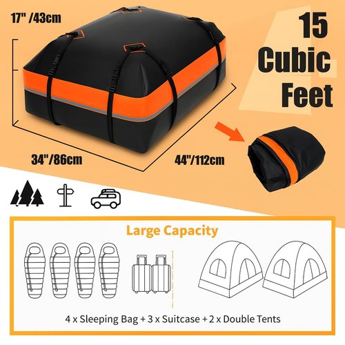 Car Roof Bag Rooftop Cargo Carrier Bag 15 Cubic Feet Waterproof for All Cars with/Without Rack, Includes Anti-Slip Mat, 8 Reinforced Straps, 6 Door Hooks, Storage Bag, Luggage Lock by MCCKLE