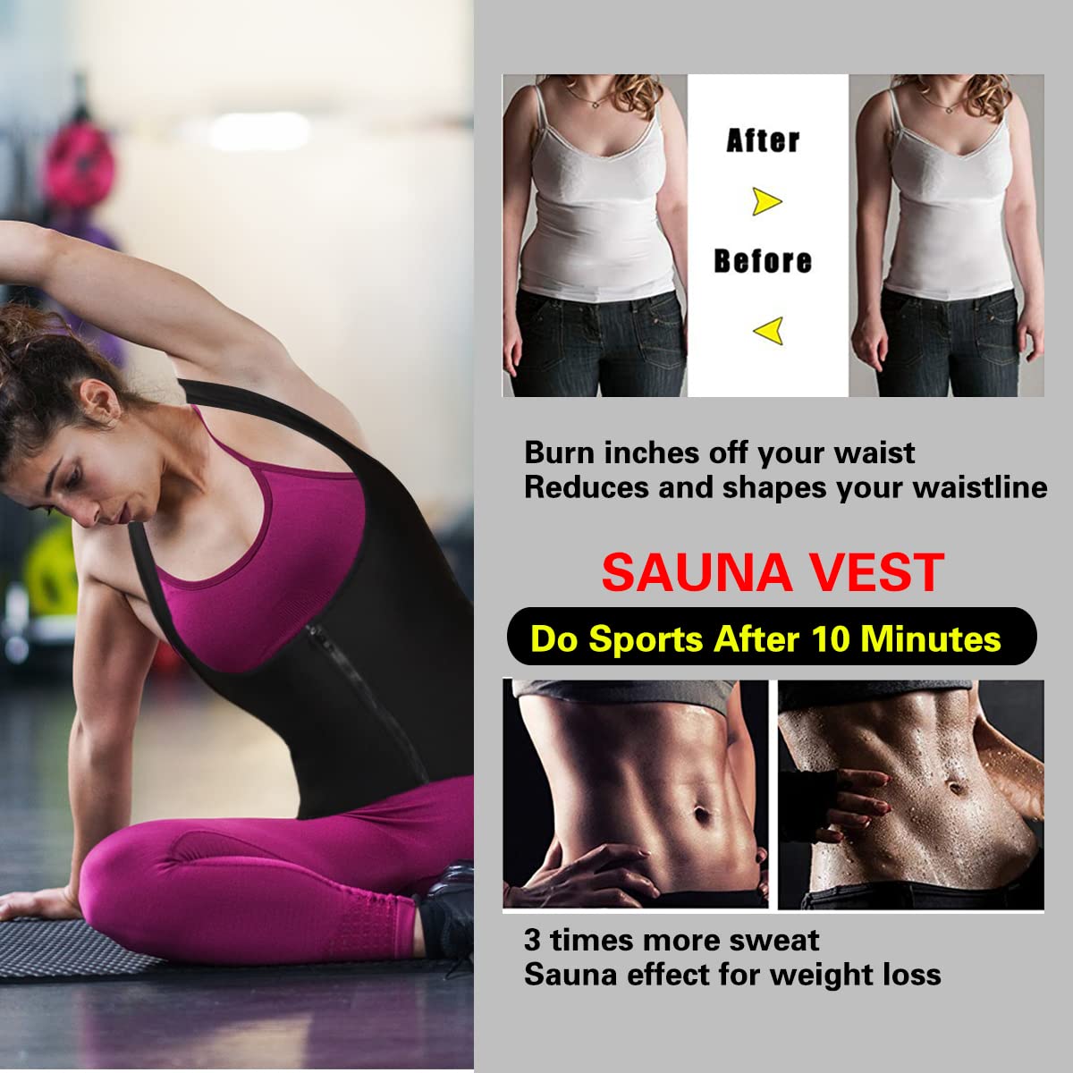 NonEcho Women Hot Sweat Sauna Suit Waist Trainer Vest Workout Tank Top Slimming Body Shaper Corset with Zipper
