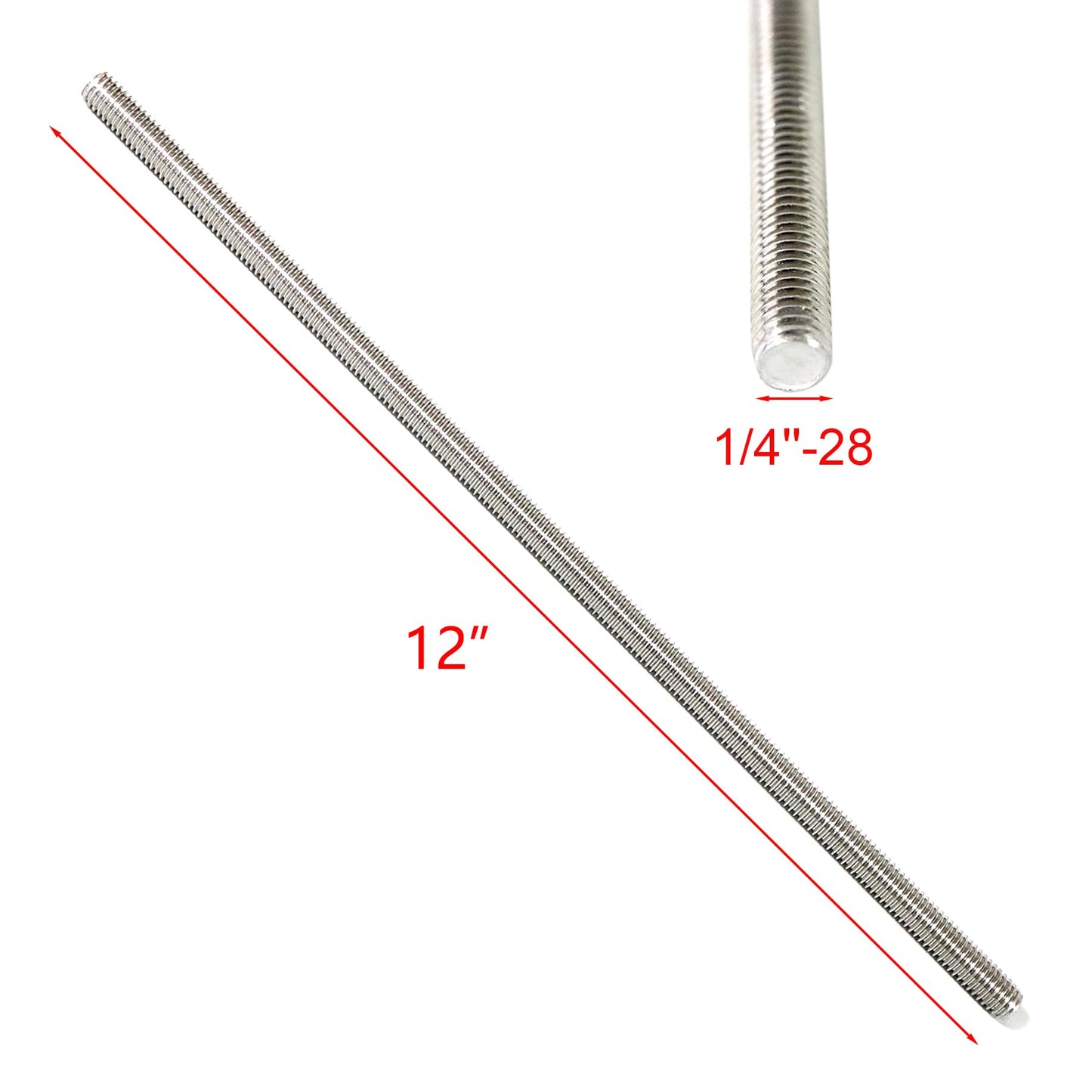 NIDAYE Stainless Steel Fully Threaded Rod, 1/4" -28 Thread Size, 12" Length, Right Hand Threads, 4 Pieces