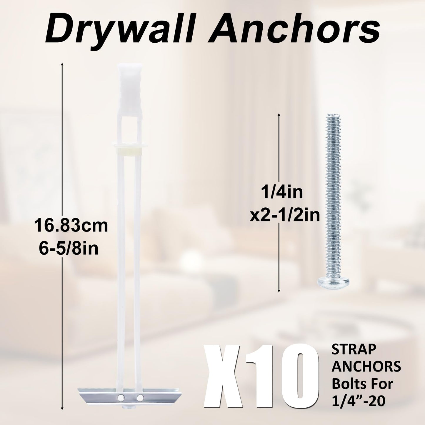 Heavy Duty Drywall Anchor Bolts with 1/4"-20 Fastener Suitable for TV Mounting Hollow Wall Anchor Bolt Screw Kit Supports Up to 270 lbs Each on 1/2 Inch Drywall Pack of 10