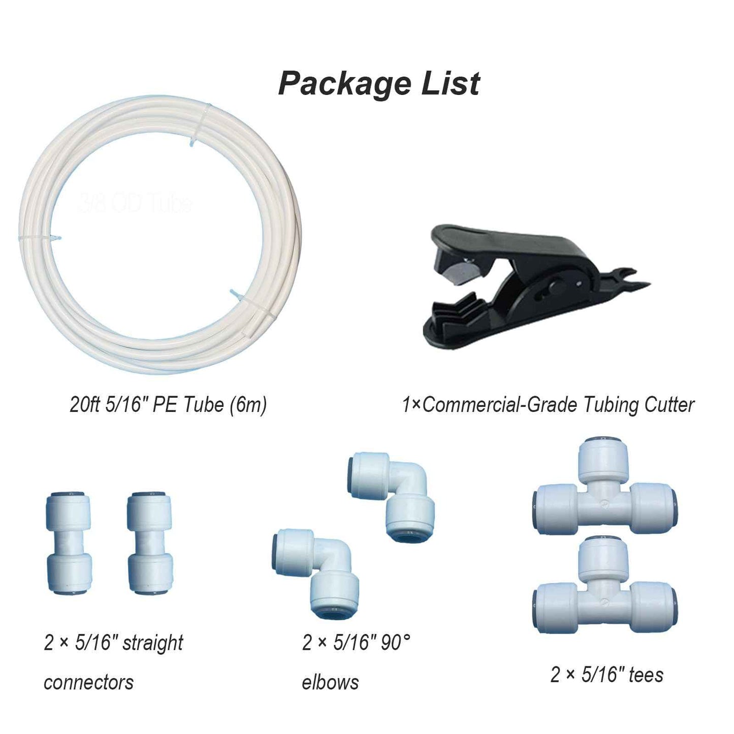 8-Piece 5/16 inch RO Water Line Kit with Tubing Cutter - 20ft 5/16" PE Tube + Push Connect Fittings (Straight/Elbow/Tee) for Refrigerator Ice Maker & Reverse Osmosis System Installation