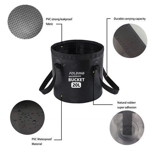 IFWELL Collapsible Bucket with Handle 5 Gallon Portable Folding Bucket Upgraded Ultra Lightweight Outdoor Basin Pail for Fishing, Camping, Hiking, Car Washing and More (Black, 20L-12L)