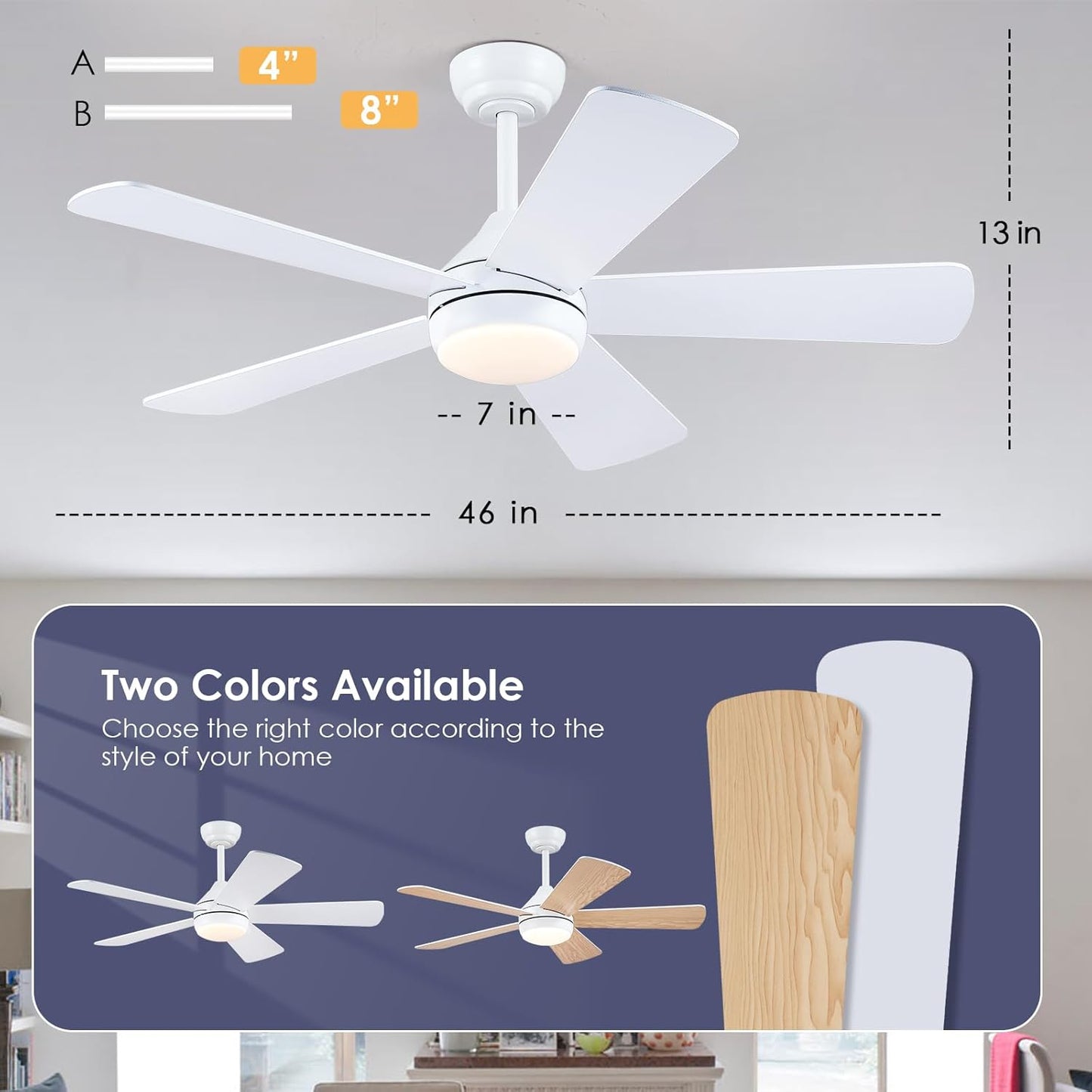 46” Black Low Profile Ceiling Fan with Lights & Remote Control - Dimmable, Noiseless, Reversible for Bedroom