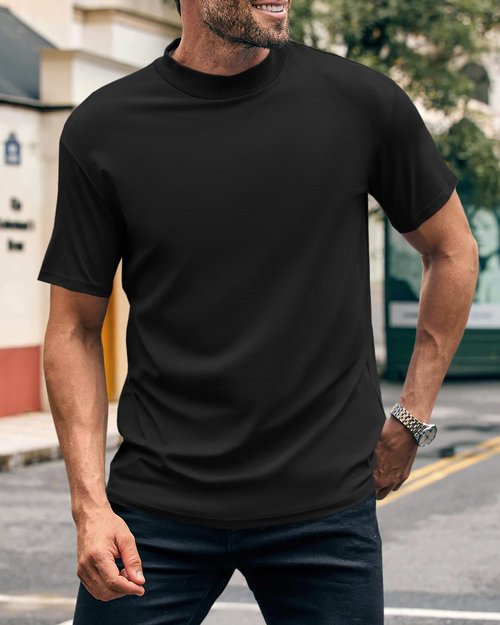 Wihion Mens Ribbed Mock Turtleneck T-Shirt Short Sleeve Solid T Shirts Thermal Underwear Tops Black