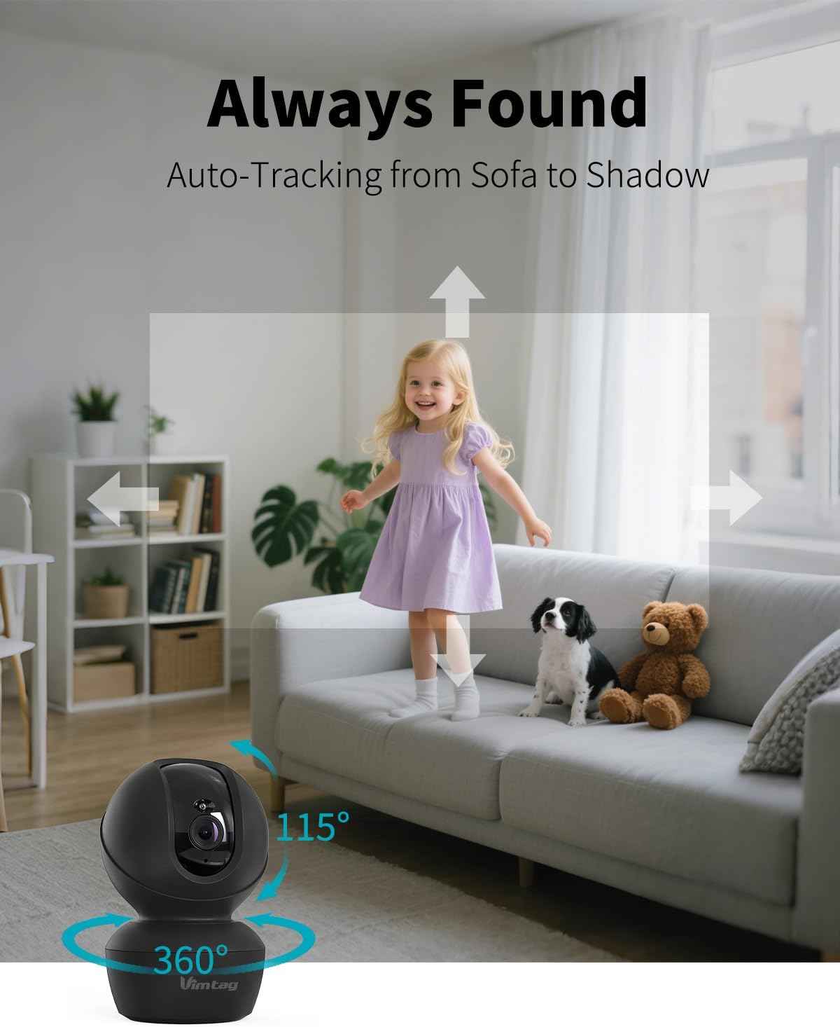 VIMTAG 2.5K Indoor Security Camera with 360° Pan & 2-Way Audio - Pet & Baby Monitor with AI Detection & Night Vision