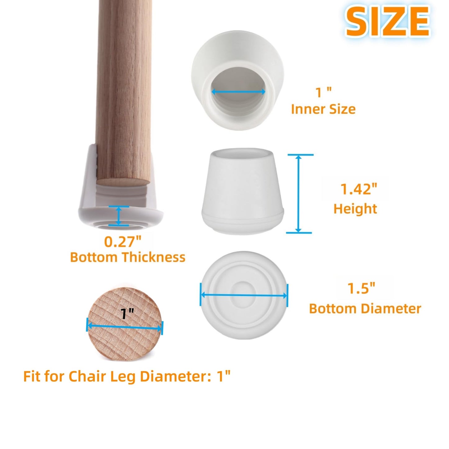 1" Chair Leg Tips Caps, Non-Slip Rubber Leg Tips, Stool Leg Protectors Cap, Folding Metal Chair Leg Tip Replacement, Chair Leg Floor Protectors Round White, 12 Pack