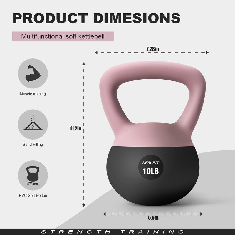 NEALFIT Soft Kettlebell 5LB/10LB/15LB/20LB/25LB, Kettlebells for Home Gym Strength Training, Anti-Slip Fitness Weights for Men Women (25LB Pink-Graphite Black)