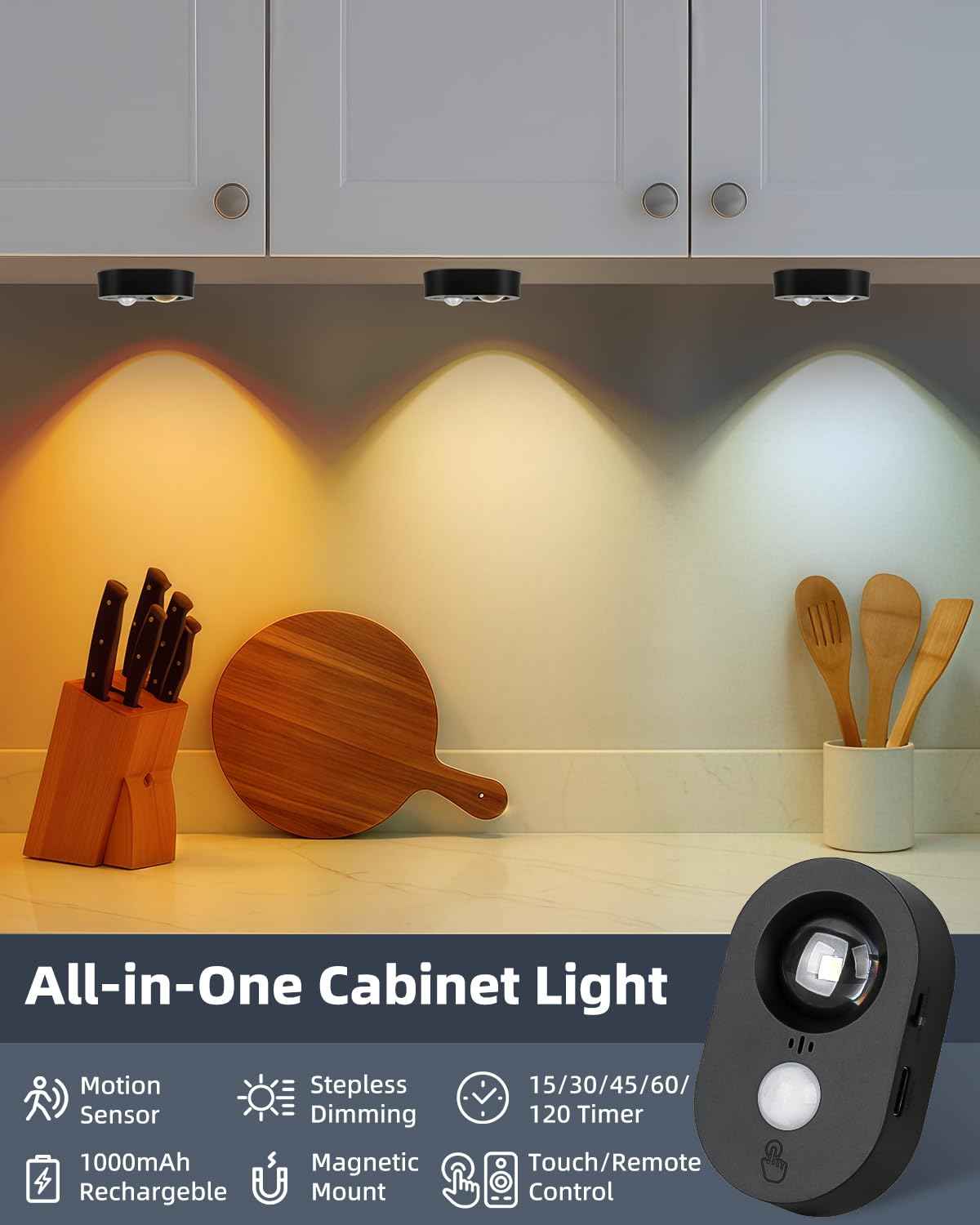 Yiliaw LED Motion Sensor Puck Lights Indoor, Small Rechargeable Under Cabinet Lighting, Dimmable Warm White Closet Lights, Stick on Wireless Night Light for Drawer, Shelf, Kitchen, Black (3 Pack)