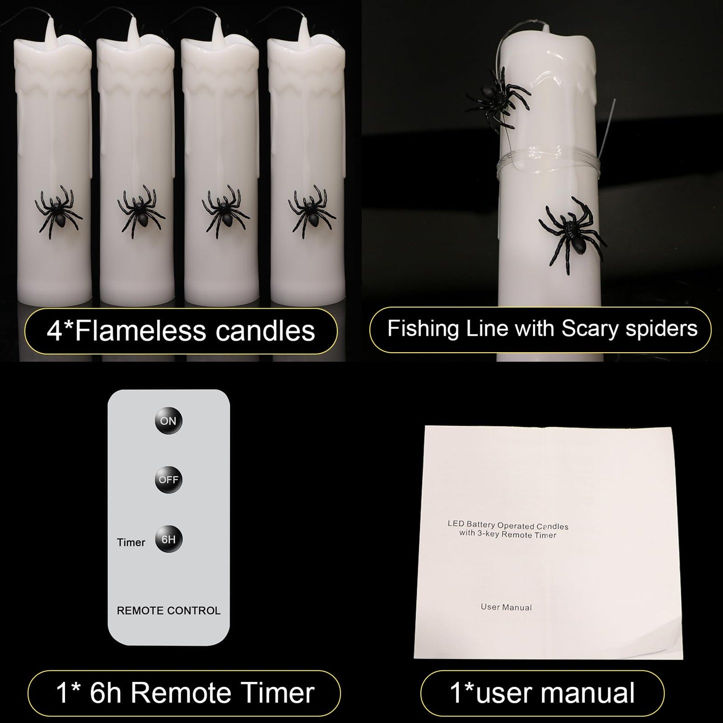 KunSwenn Halloween Floating Candles Flameless with 3D Spider, Set of 4 Hanging Candles Floating with Fishing Line, Floating Candle with Remote, Halloween Candle with 3 Black Spider for Home Decor