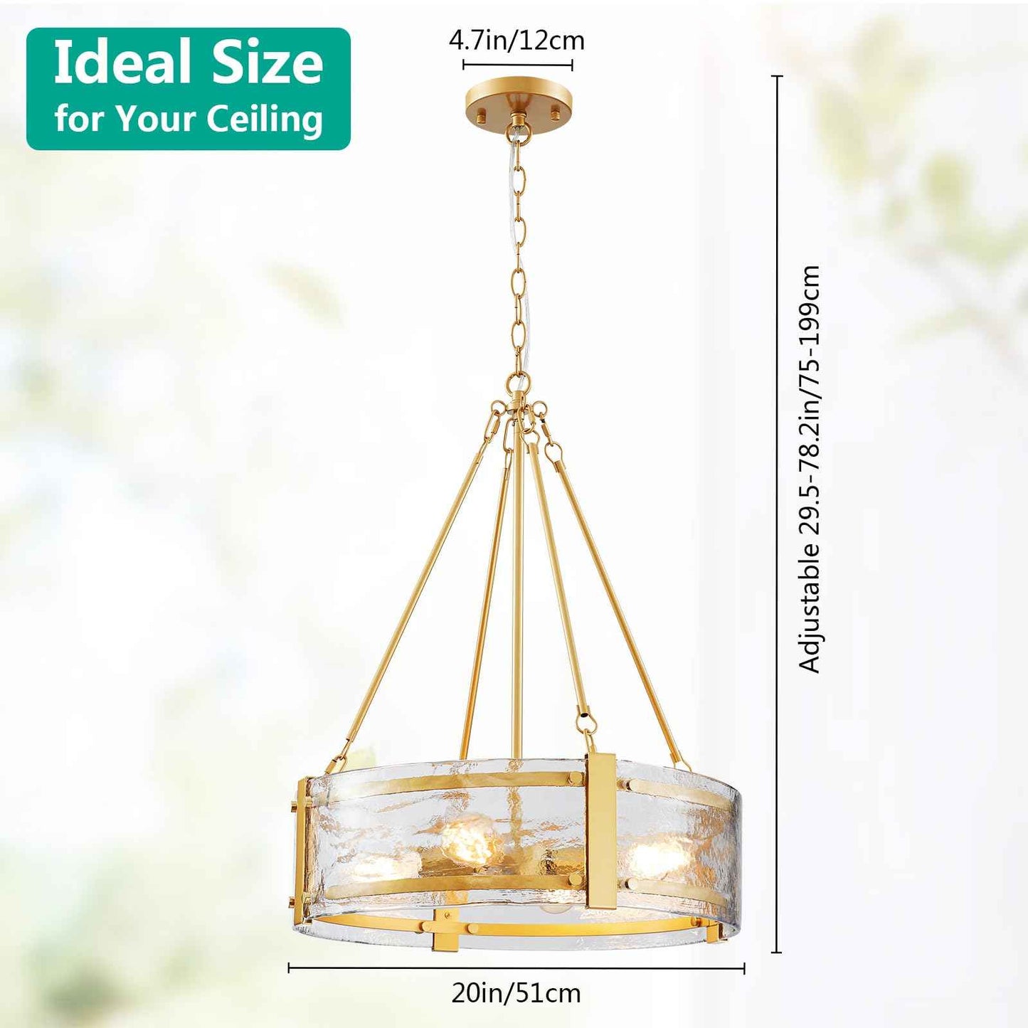 GlowEasely Modern Ripple Galss Chandelier, 4-Light Water Glass Pendant Light | Ribbed Glass, D20 * H29.5~78.2inch Height Adjustable, Fit for Dining Room, Living Room, Bedroom, Hallway, Kitchen, Foyer