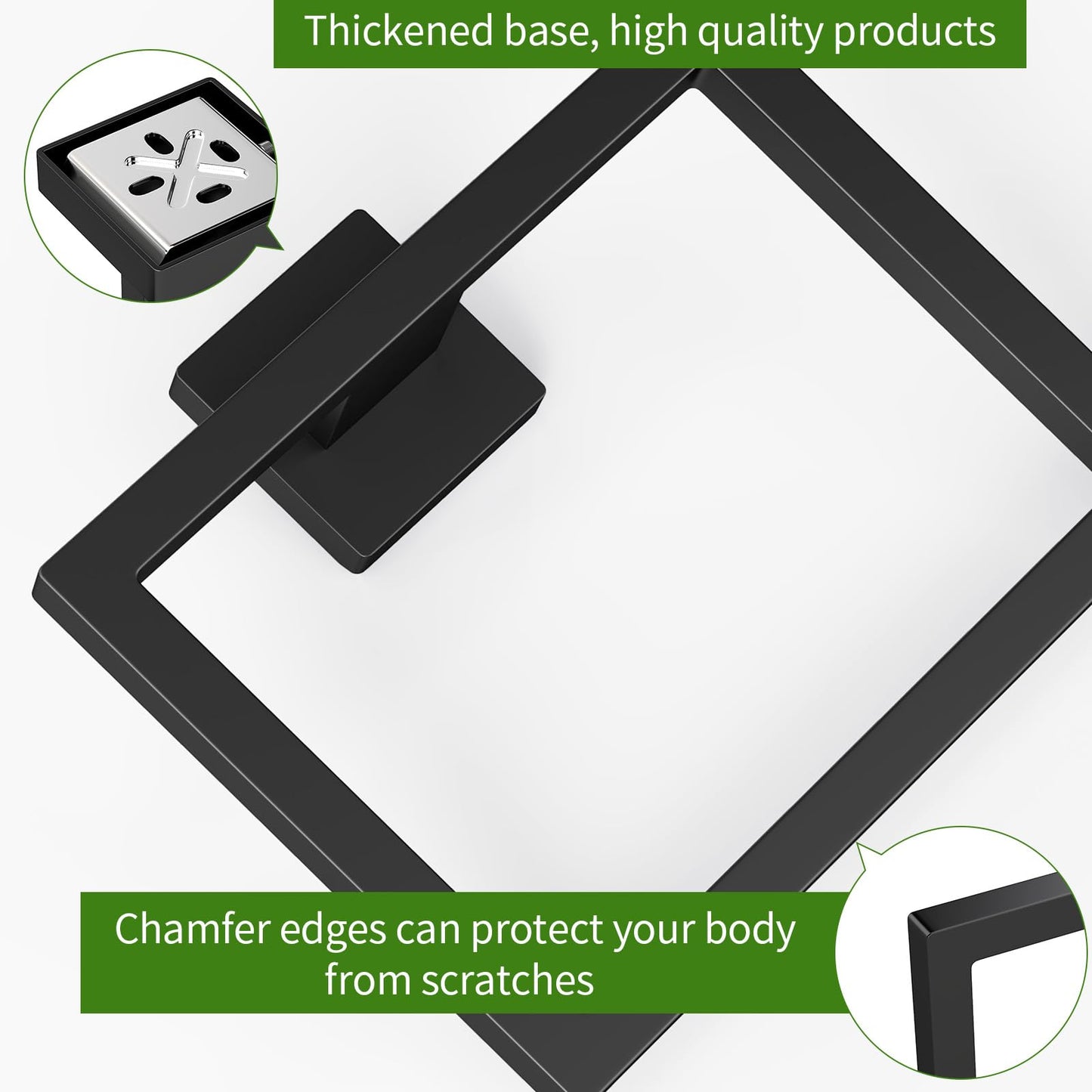 2 Pack Matte Black Hand Towel Holder, Stainless Steel Wall Mounted Hand Towel Holder for Bathroom, Modern Square Towel Ring for Bath, Kitchen, RV