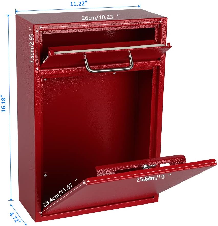 Secure Wall-Mount Mailbox with Lock | KYODOLED Large Steel Drop Box, Black, 16.2H x 11.22L x 4.72W