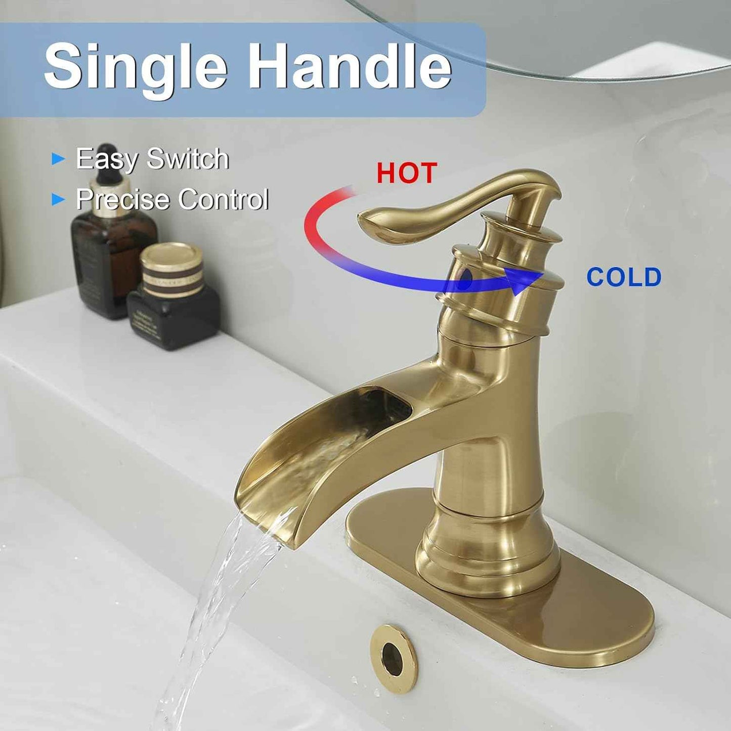 Matte Black Waterfall Bathroom Faucet - Single Handle Lavatory Sink Mixer with Brass Drain
