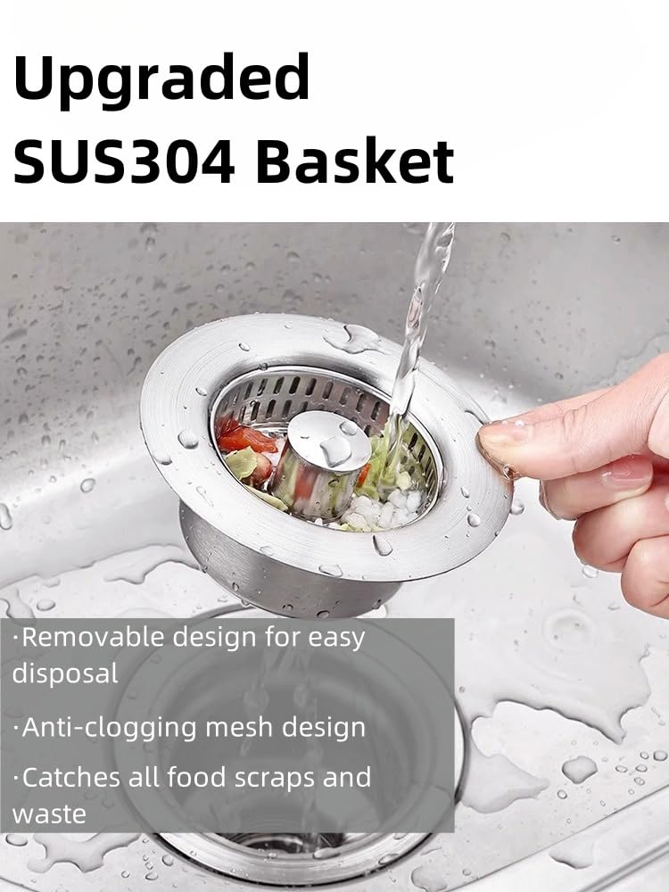 3-in-1 Kitchen Sink Strainer Stopper Combo Stainless Steel Wrap Around Sink Downspout for US Standard 3-1/2 inch Sewer Strainer, Smooth Handle for Easy Cleaning, Anti-Clogging