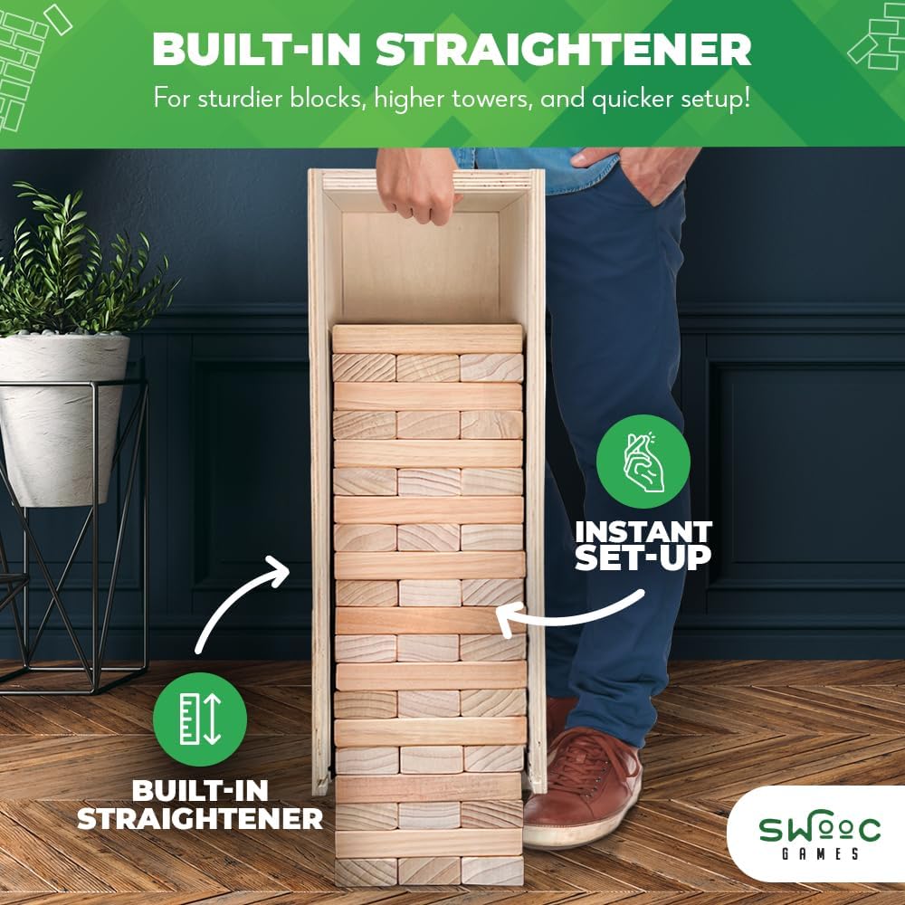 SWOOC Games® - Giant Tower Game with 3-in-1 Straightener & Storage Box - Quick 90% Setup - 2-4ft to Over 6ft