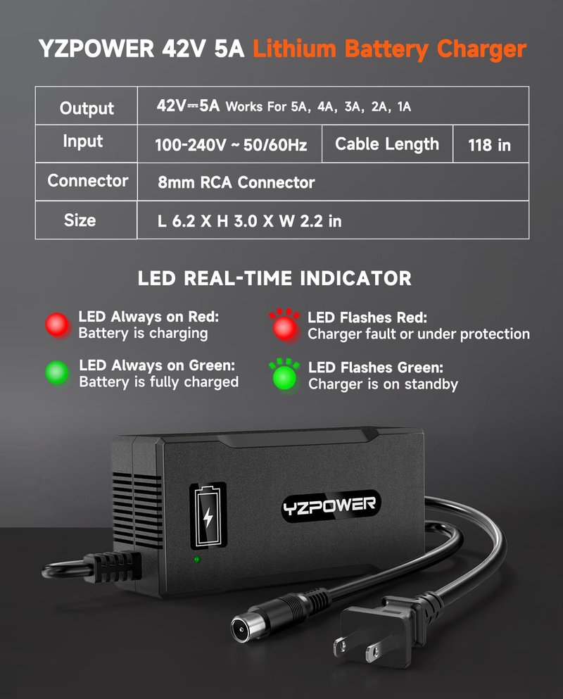 YZPOWER 42V 5A Scooter Charger for Segway Ninebot, Compatible with MAX G2 G30LP E2 Pro F65 F40 F30 D28 D40 ES2 ES4 E22 E45, Replacement Power Adapter for 36V Lithium Battery, RCA Round Charging Port